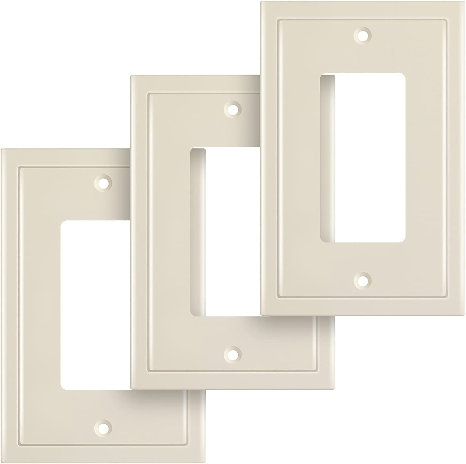 Modern Edge Decorative Wall Plate Switch Plate Outlet Cover, Durable Solid Zinc Alloy (Single Decorator 3PK, Light Almond)