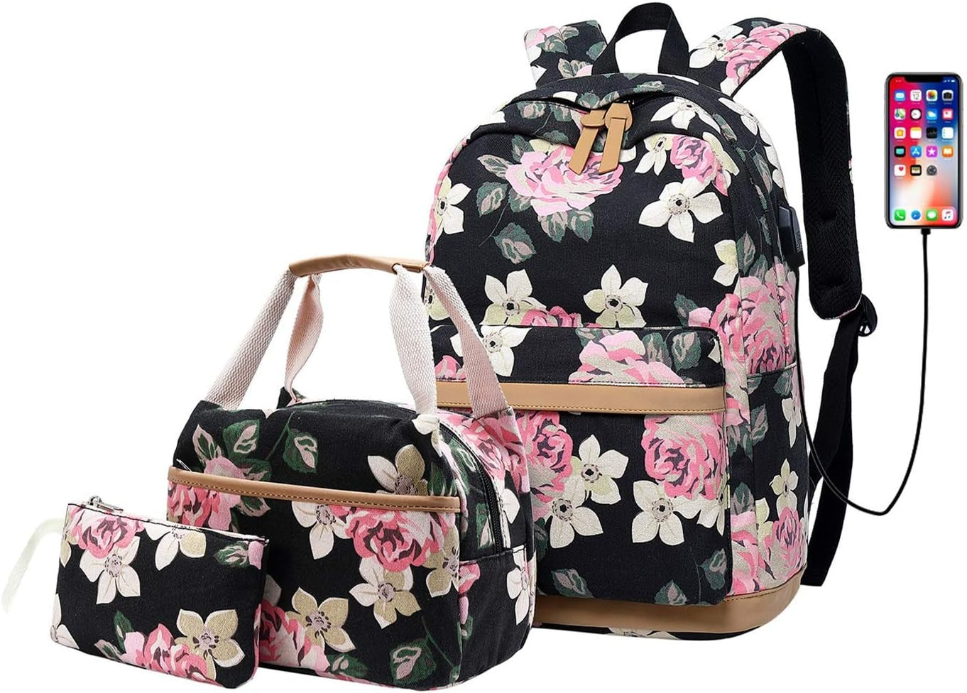 Canvas School Backpack Teens Backpack School Bag Backpack for School Book Bag Set (Floral-Black)