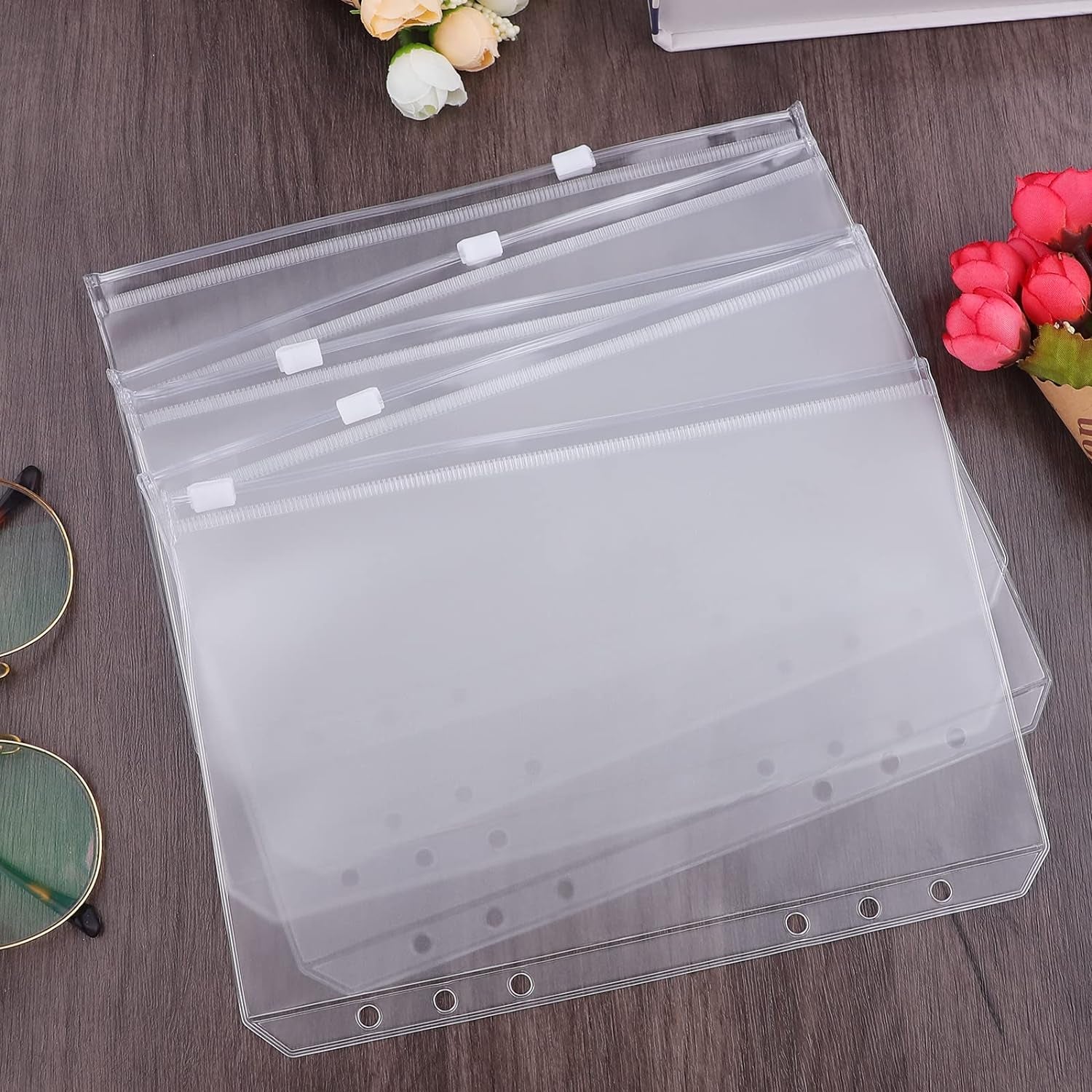 12PCS A5 Binder Pockets 6 Holes Budget Cash Envelopes for Budgeting, Clear Zipper Folders Planner Inserts Loose Leaf Bags Binder, Waterproof PVC Document Pouch Filing