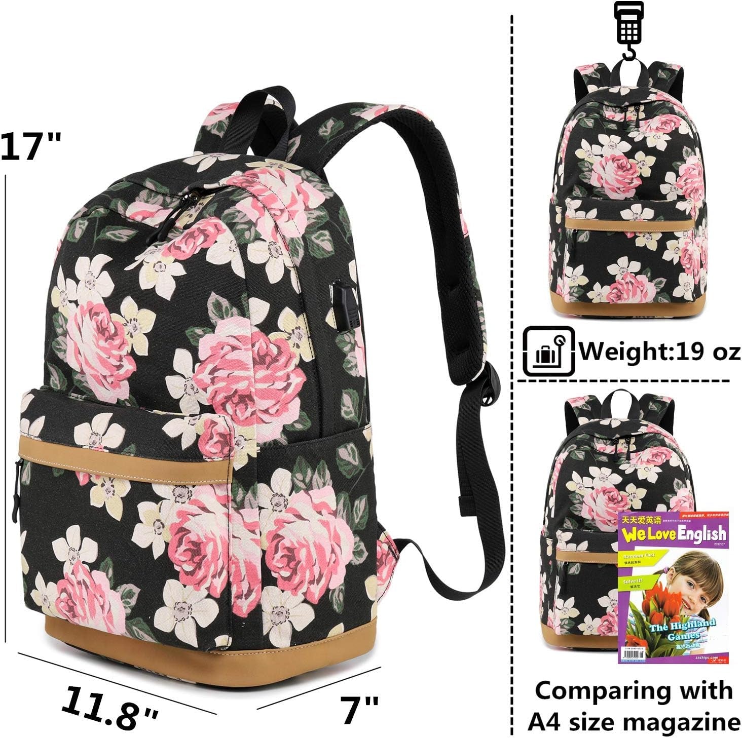 Canvas School Backpack Teens Backpack School Bag Backpack for School Book Bag Set (Floral-Black)