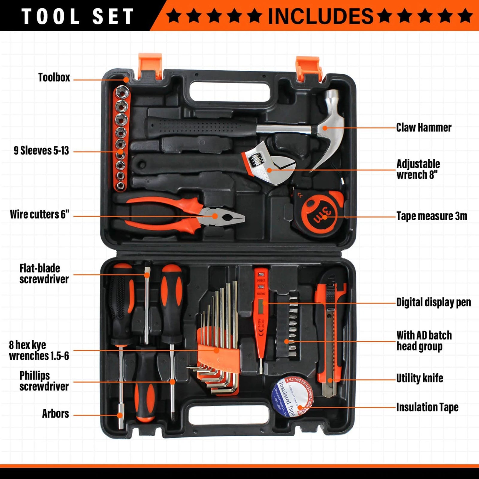 38-Piece General Household Tool Kit, Hand Tool Set with Plastic Toolbox Storage Case, for DIY and Home Repair