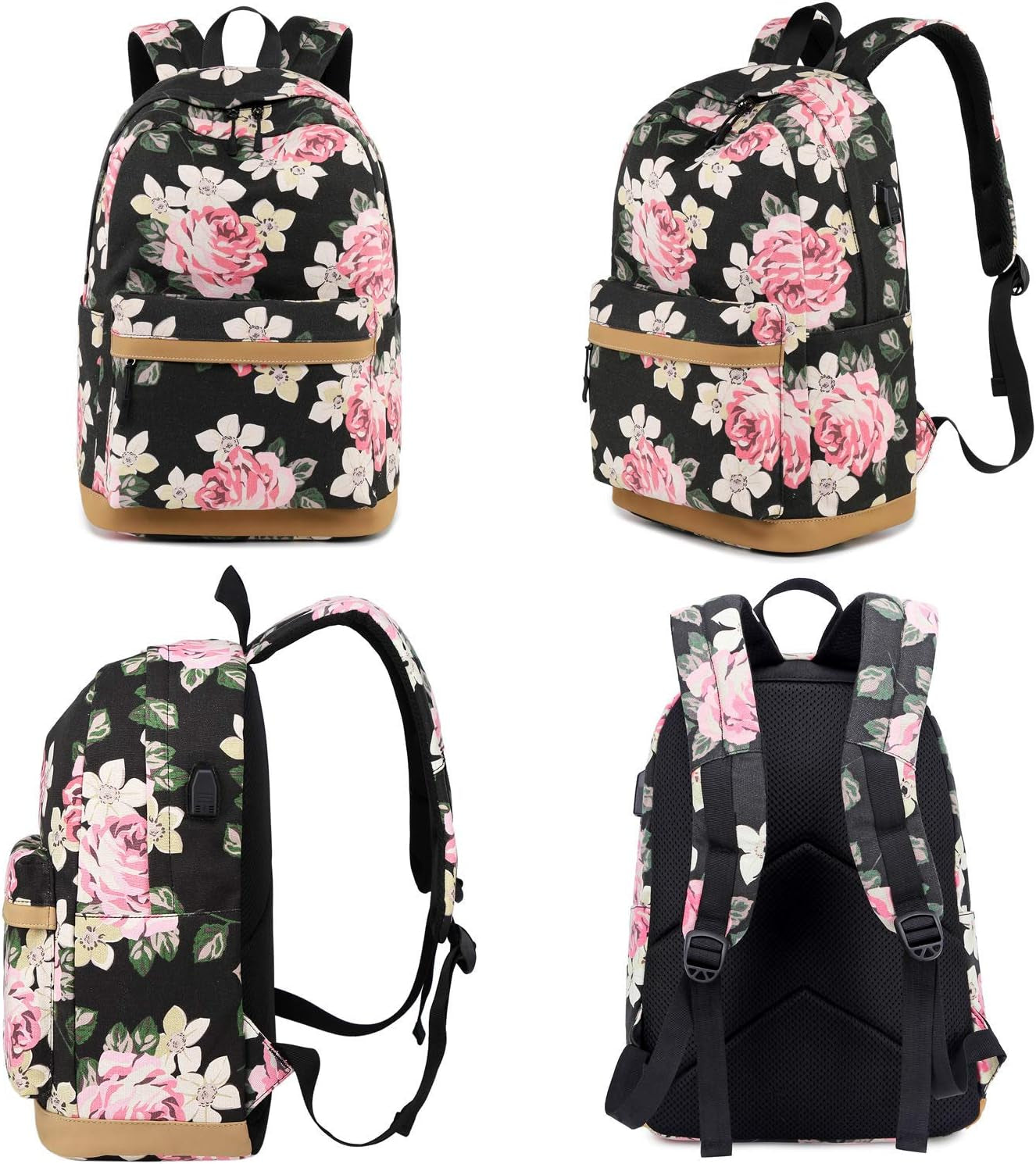 Canvas School Backpack Teens Backpack School Bag Backpack for School Book Bag Set (Floral-Black)