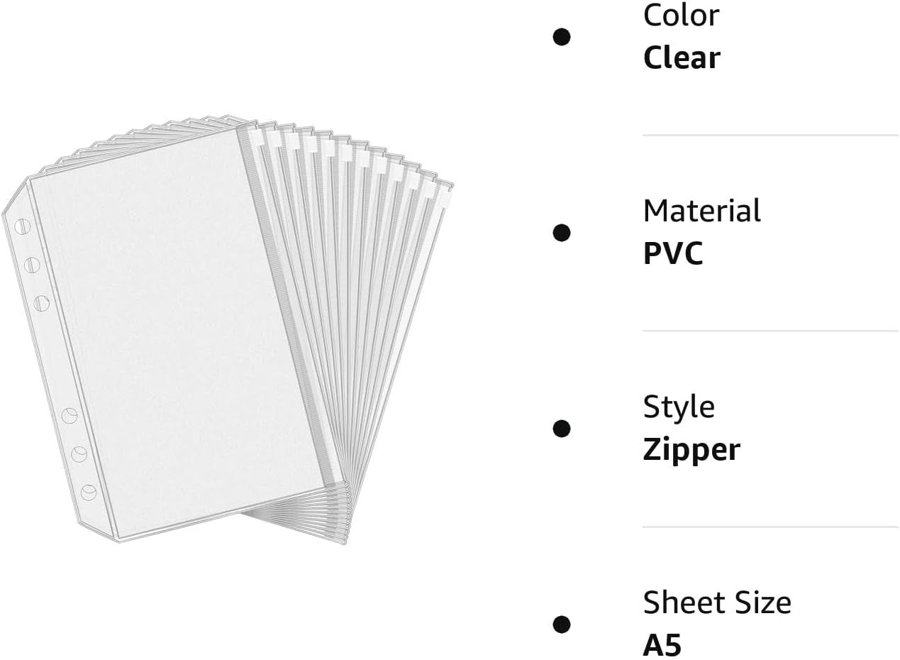 12PCS A5 Binder Pockets 6 Holes Budget Cash Envelopes for Budgeting, Clear Zipper Folders Planner Inserts Loose Leaf Bags Binder, Waterproof PVC Document Pouch Filing